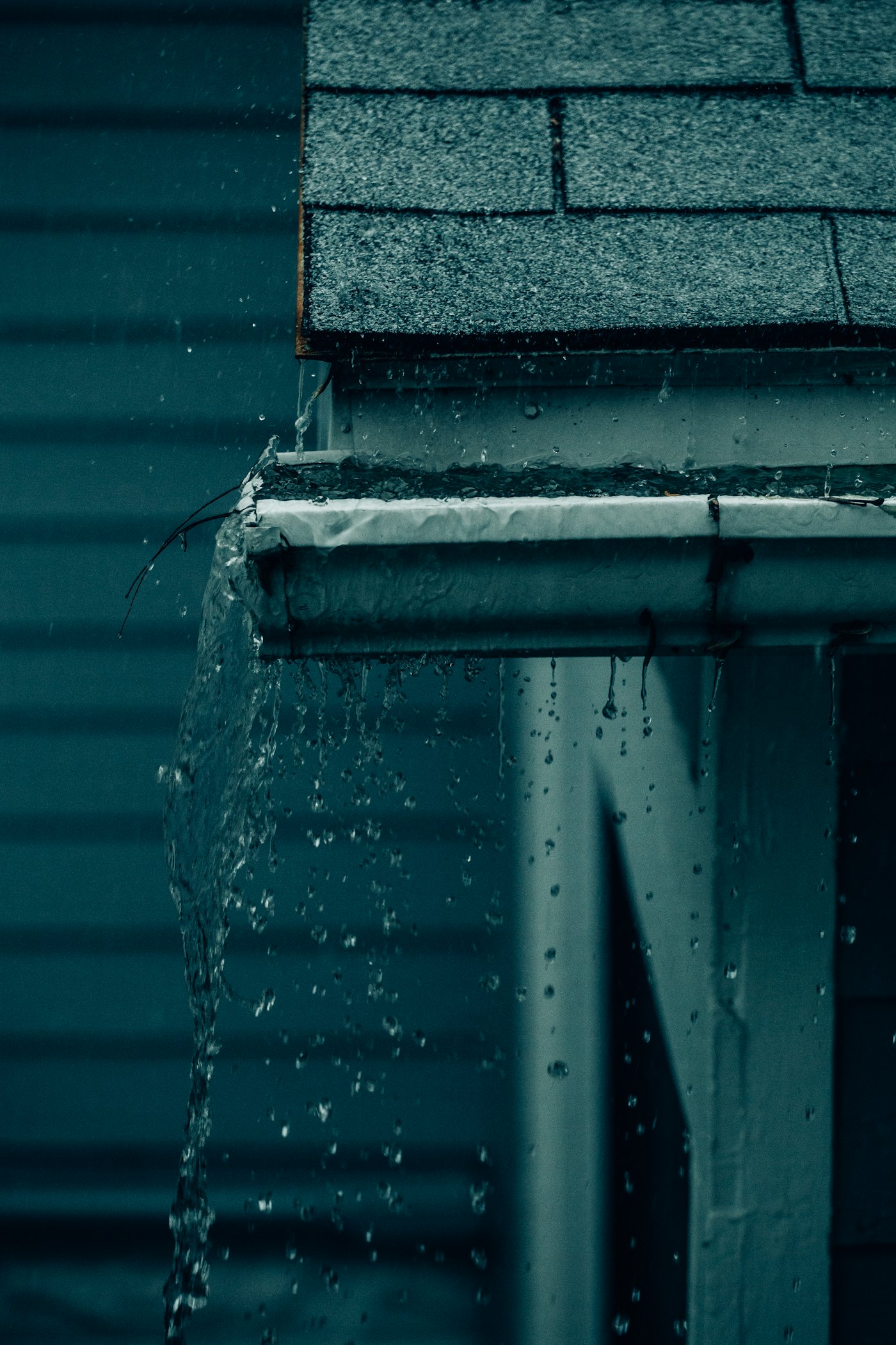 Water discharging from a roof downspout